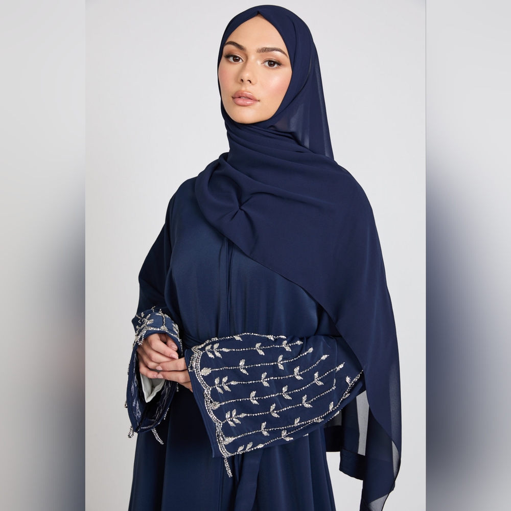 Classic Open Abaya with Embellished Dewdrop Tassel Cuff - Sapphire Blue